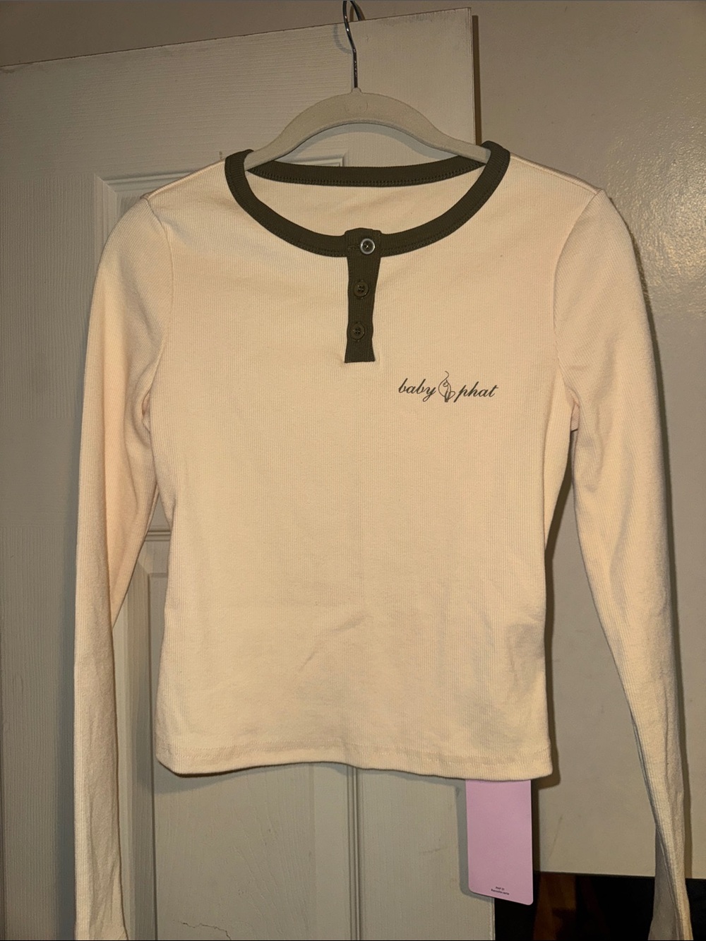 Baby Phat Cream Long-Sleeve Henley Top with Olive Trim